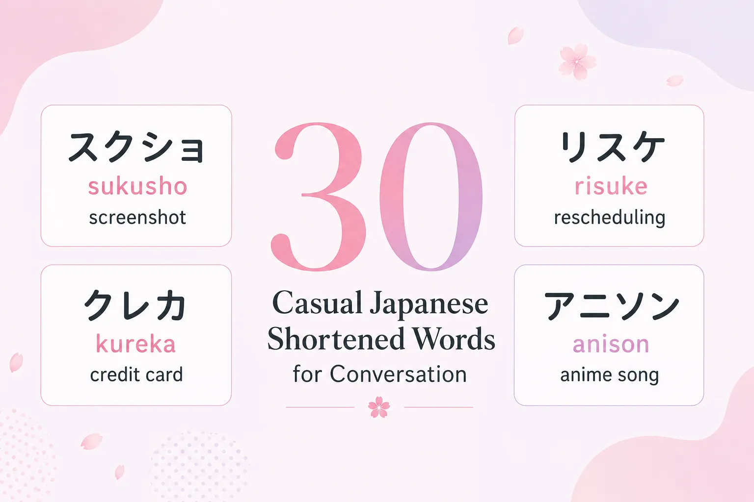 30 casual Japanese shortened words for conversation, including スクショ, クレカ, リスケ, and アニソン
