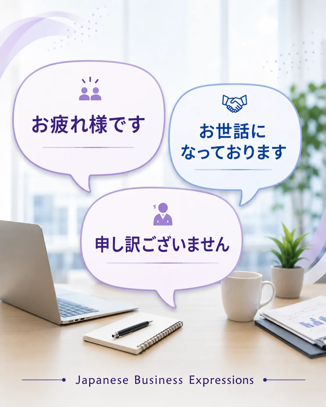 Japanese business expressions such as otsukaresama desu, osewa ni natte orimasu, and moushiwake gozaimasen used in workplace communication