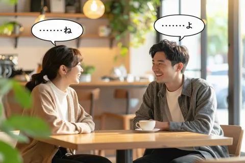 Japanese friends using sentence-ending particles ne, yo, and yone in casual conversation