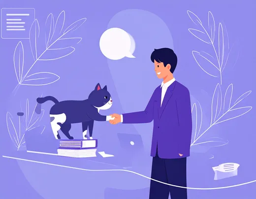 Illustration of a busy businessman shaking hands with a cat, symbolizing the Japanese idiom '猫の手も借りたい' meaning 'so busy you would even borrow a cat’s paw'