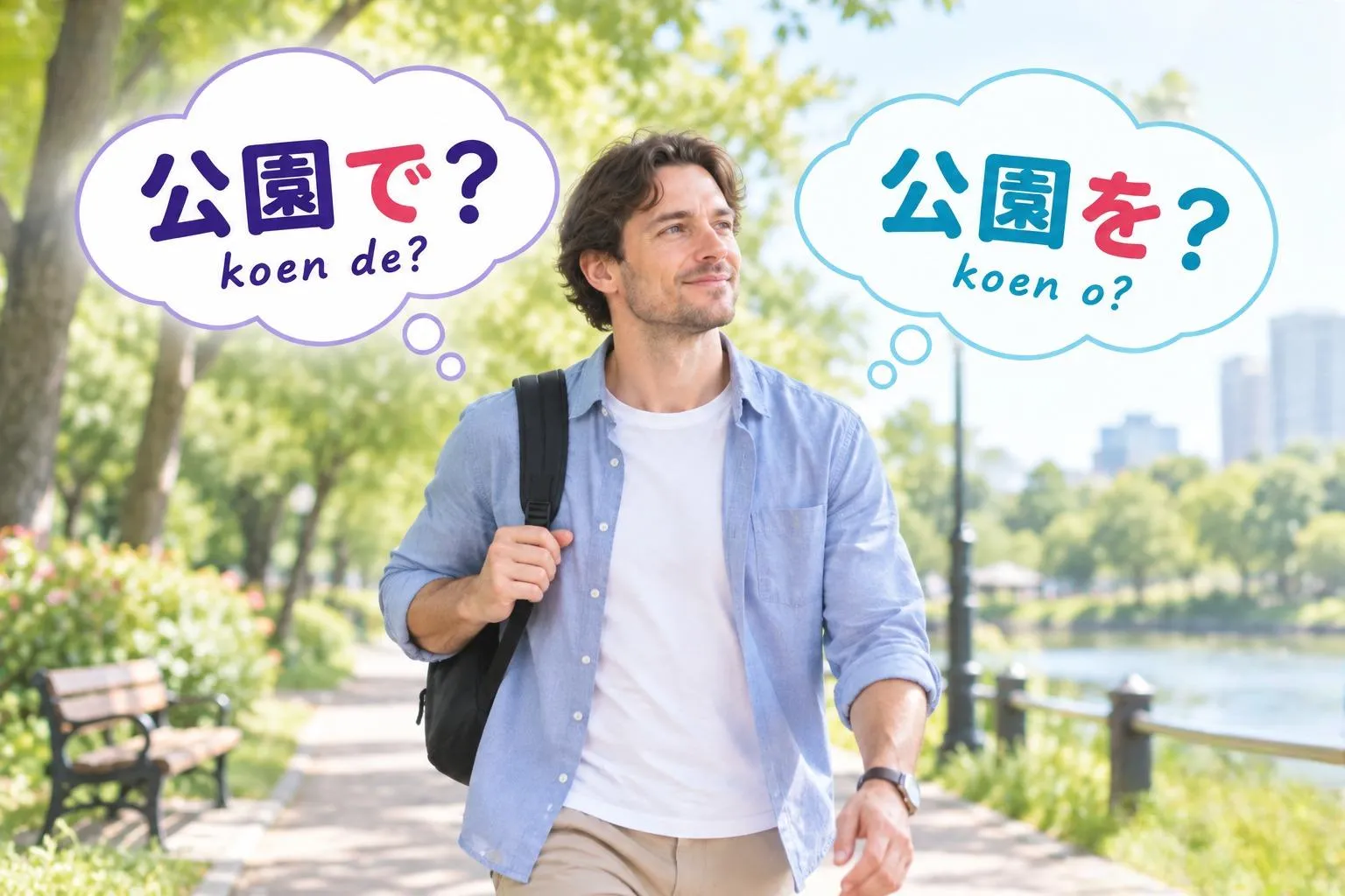 Japanese learner comparing 公園を歩きます and 公園で歩きます