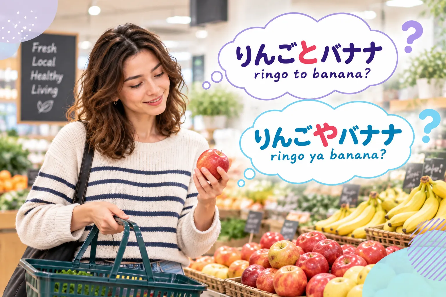 Japanese learner comparing と and や when talking about apples and bananas